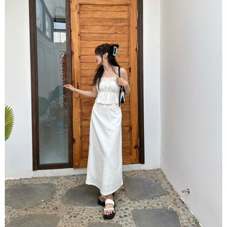 Set chân váy + áo nhún thun linen