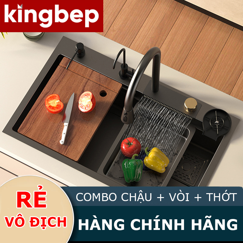 COMBO bồn chậu rửa chén bát inox 304 1 hố lớn nano 75x46, bồn rửa bát có vòi rút thác nước - HÀNG CÓ BẢO HÀNH.