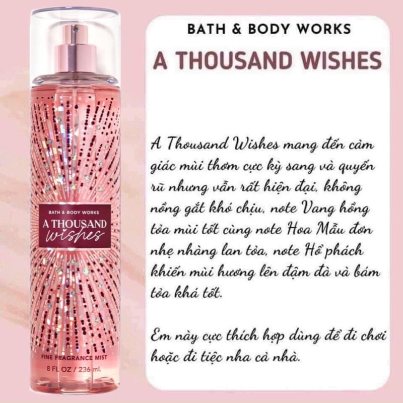 ♥️ Xịt thơm toàn thân 𝗕𝗢𝗗𝗬 𝗠𝗜𝗦𝗧 𝗕𝗔𝗧𝗛 𝗔𝗡𝗗 𝗕𝗢𝗗𝗬 𝗪𝗢𝗥𝗞𝗦-A THOUSAND WISH 236ML