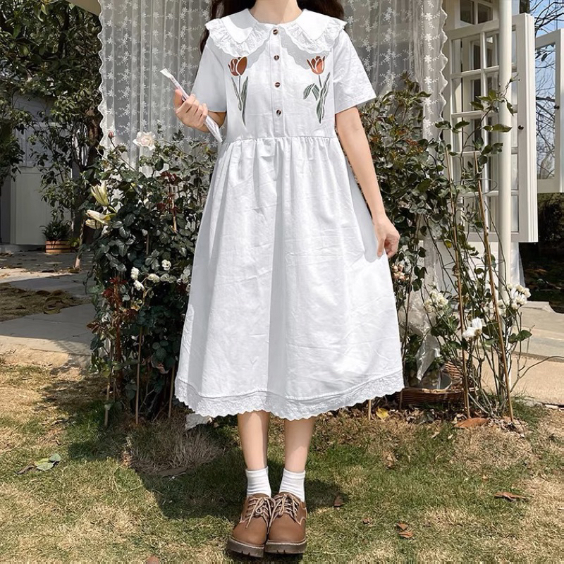 Váy đầm trắng babydoll cổ chiếc lá viền bèo dễ thương ulzzang Hàn Quốc [Yannie]