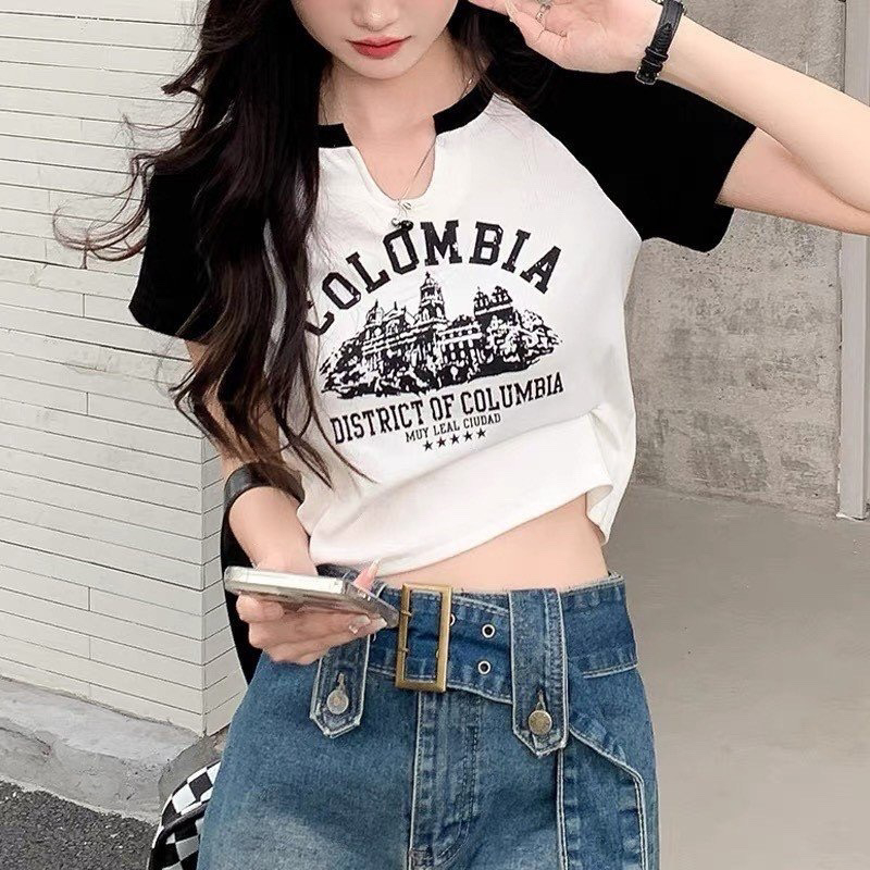 Áo Croptop Ôm Body Nữ COLOMBIA Tay Ngắn Cổ Xẻ V, Áo Thun Croptop Kiểu Sexy In Họa Tiết Ryso chất thun gân co giản dày