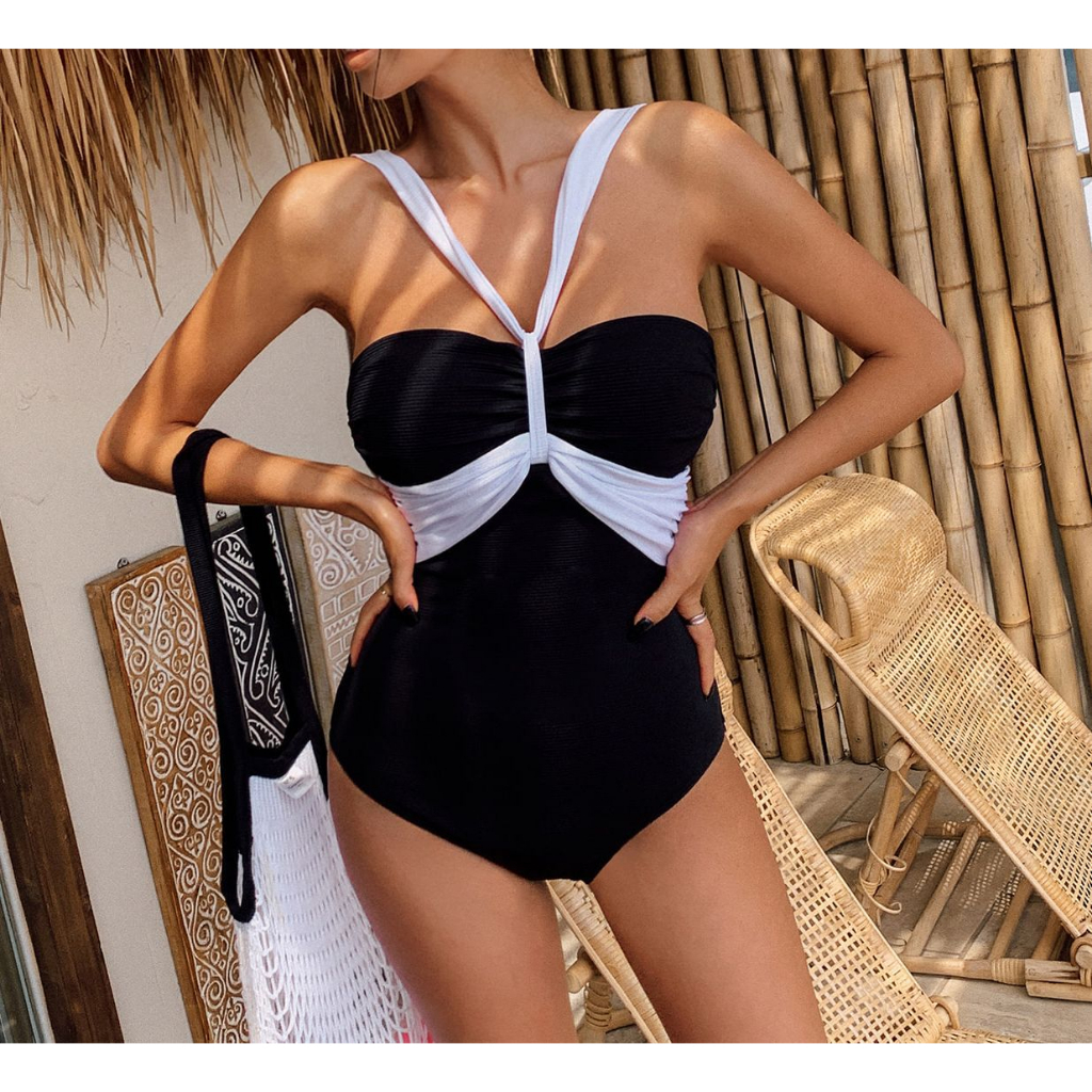 (Form nhỏ) Đồ bơi 1 mảnh buộc dây cổ màu đen phối voan trắng siêu nữ tính sexy phong cách Hàn Quốc cao cấp