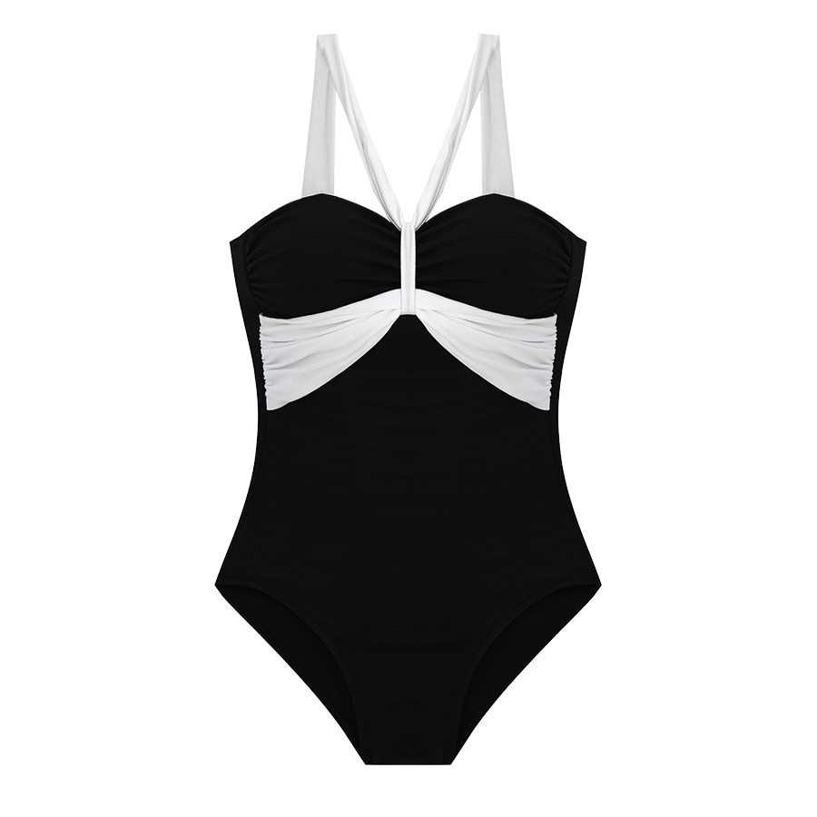 (Form nhỏ) Đồ bơi 1 mảnh buộc dây cổ màu đen phối voan trắng siêu nữ tính sexy phong cách Hàn Quốc cao cấp