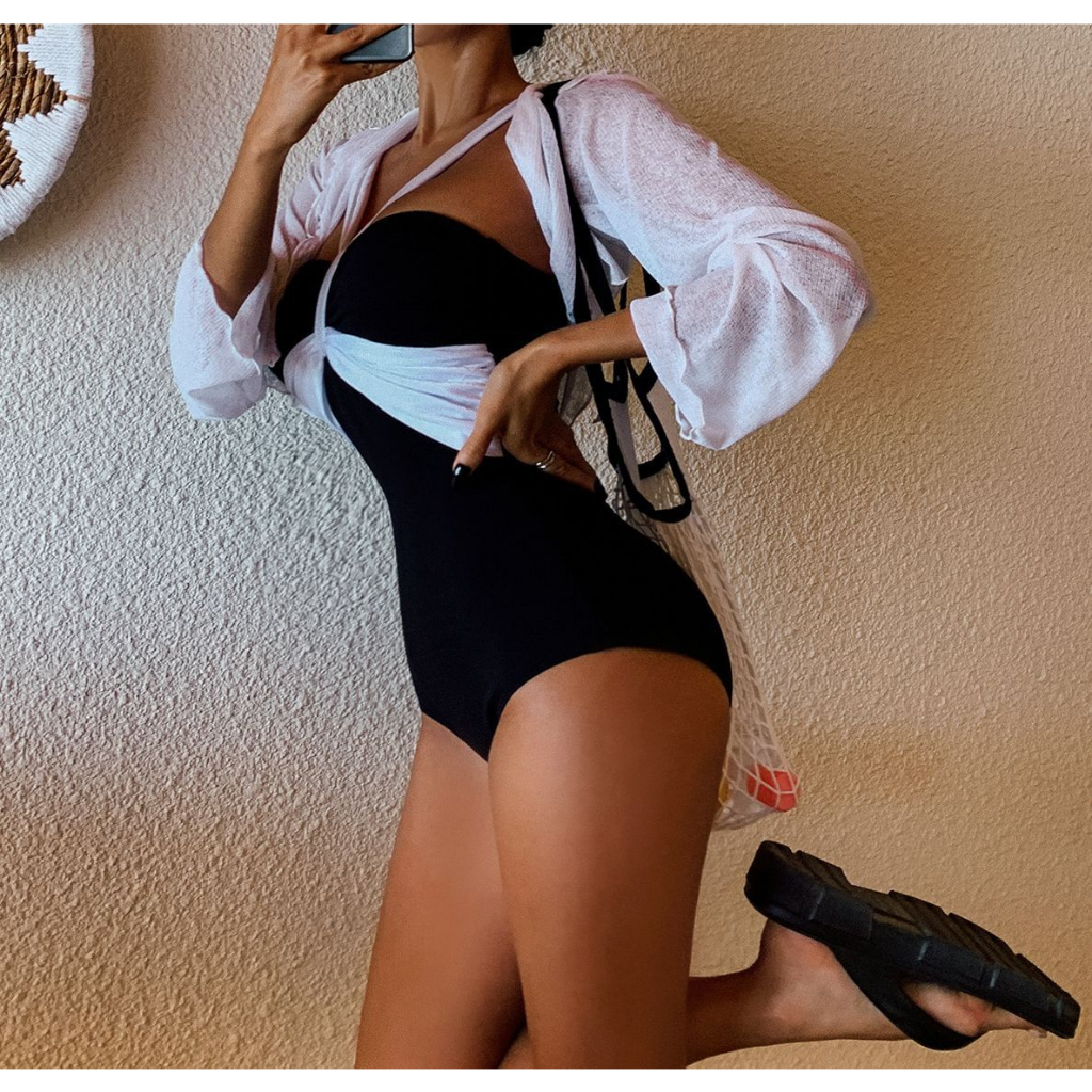 (Form nhỏ) Đồ bơi 1 mảnh buộc dây cổ màu đen phối voan trắng siêu nữ tính sexy phong cách Hàn Quốc cao cấp