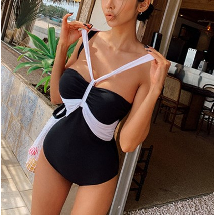 (Form nhỏ) Đồ bơi 1 mảnh buộc dây cổ màu đen phối voan trắng siêu nữ tính sexy phong cách Hàn Quốc cao cấp