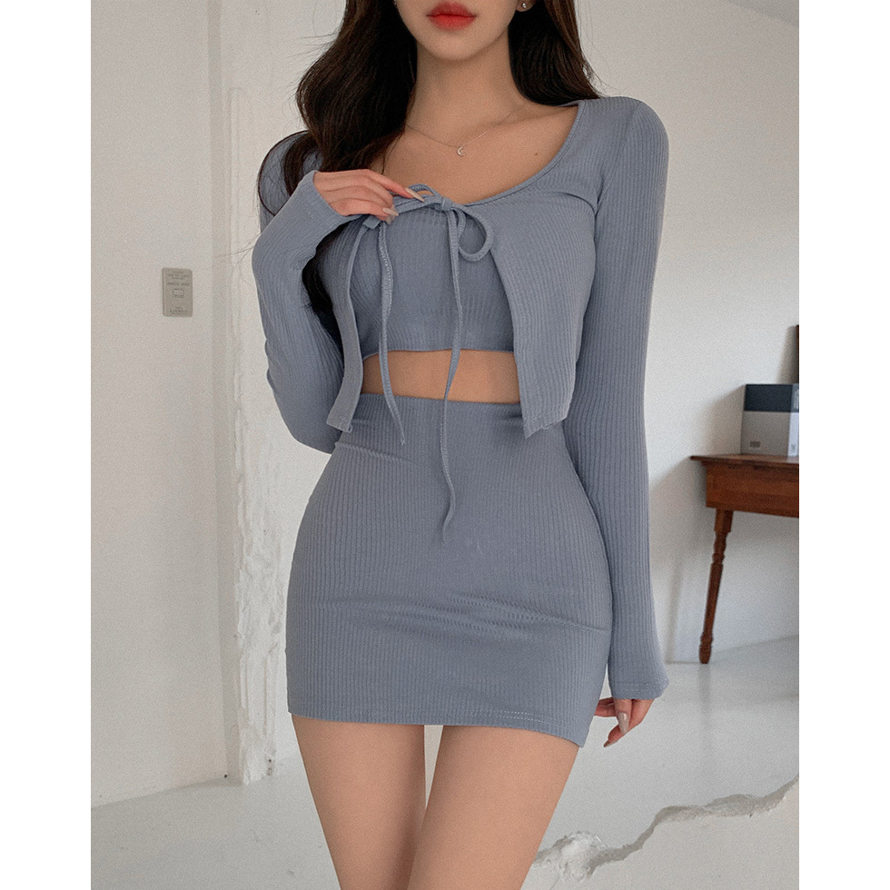 Bikini 2 mảnh váy kèm áo khoác tay dài cột nơ xám siêu nữ tính, sang chảnh, đồ bơi thun gân cao cấp siêu xịn Hàn QUốc