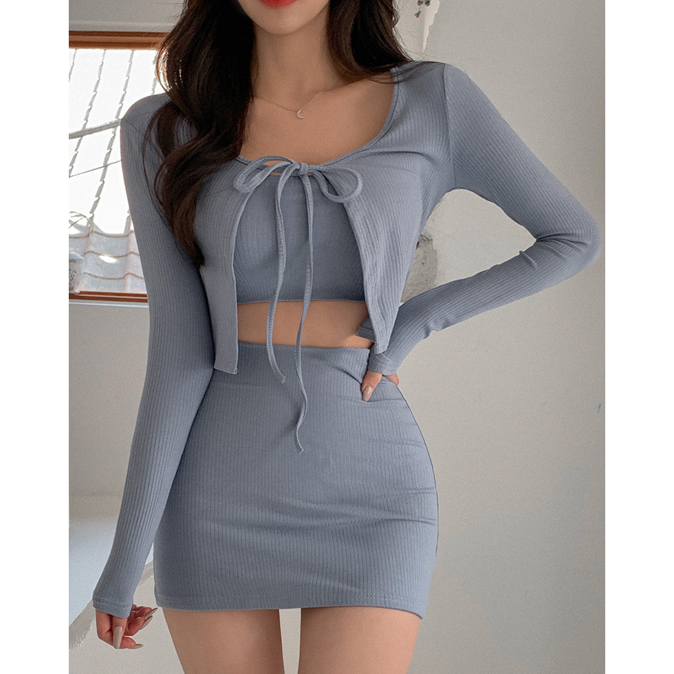 Bikini 2 mảnh váy kèm áo khoác tay dài cột nơ xám siêu nữ tính, sang chảnh, đồ bơi thun gân cao cấp siêu xịn Hàn QUốc