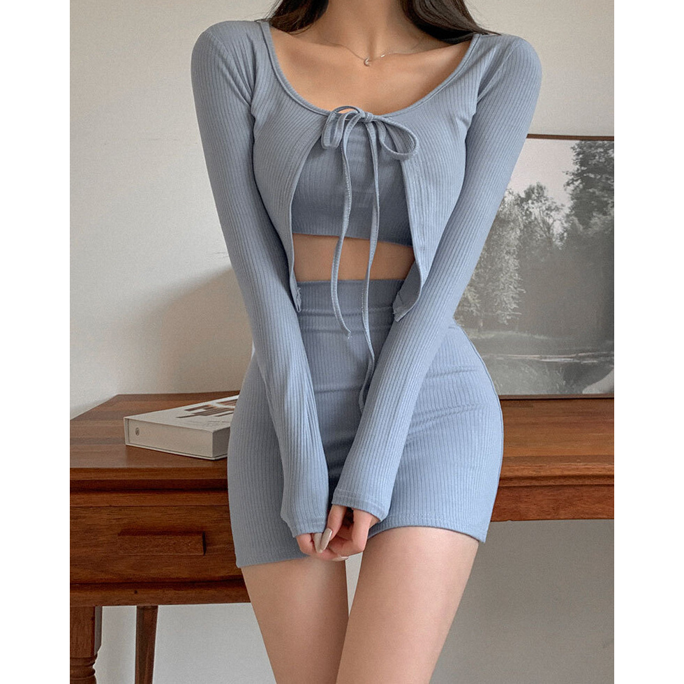 Bikini 2 mảnh váy kèm áo khoác tay dài cột nơ xám siêu nữ tính, sang chảnh, đồ bơi thun gân cao cấp siêu xịn Hàn QUốc