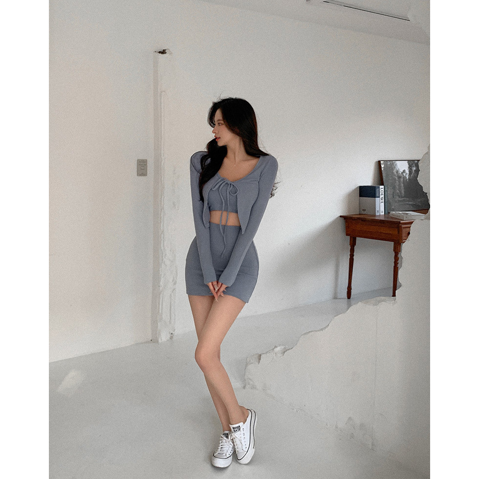 Bikini 2 mảnh váy kèm áo khoác tay dài cột nơ xám siêu nữ tính, sang chảnh, đồ bơi thun gân cao cấp siêu xịn Hàn QUốc