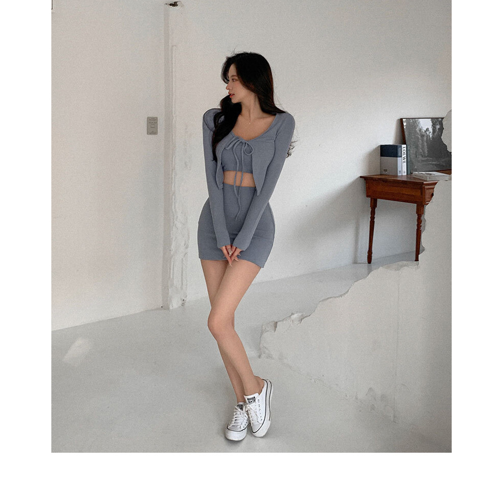 Bikini 2 mảnh váy kèm áo khoác tay dài cột nơ xám siêu nữ tính, sang chảnh, đồ bơi thun gân cao cấp siêu xịn Hàn QUốc