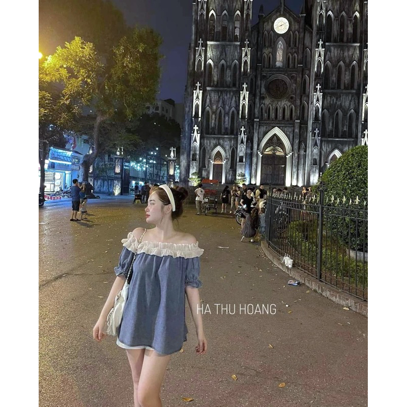 Áo Trễ Vai Phối Tơ Bèo Dáng Suông Mã GNTK22