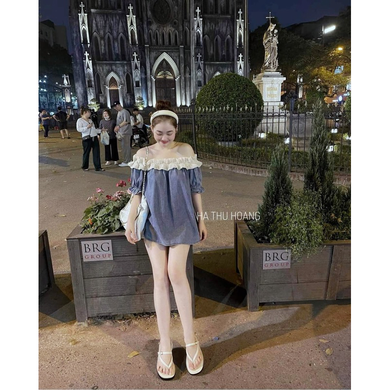 Áo Trễ Vai Phối Tơ Bèo Dáng Suông Mã GNTK22