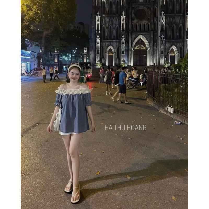 Áo Trễ Vai Phối Tơ Bèo Dáng Suông Mã GNTK22