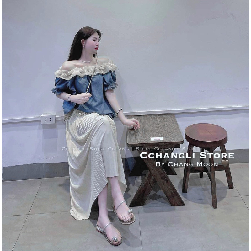 Áo Trễ Vai Phối Tơ Bèo Dáng Suông Mã GNTK22