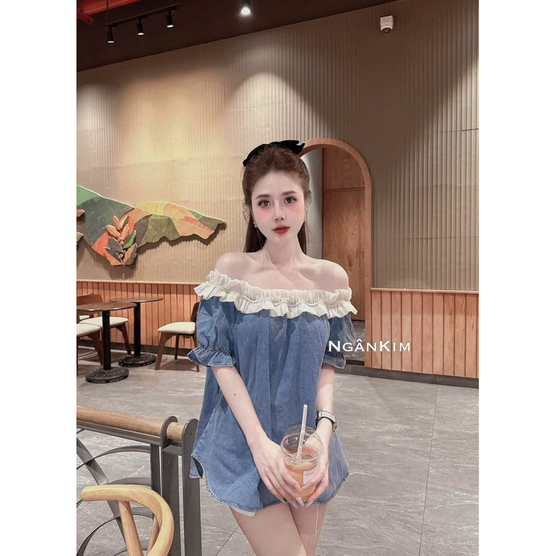 Áo Trễ Vai Phối Tơ Bèo Dáng Suông Mã GNTK22