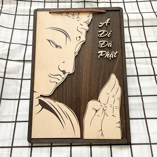 Tranh gỗ hình phật như lai chữ a di đà phật 20x28cm trắng đen
