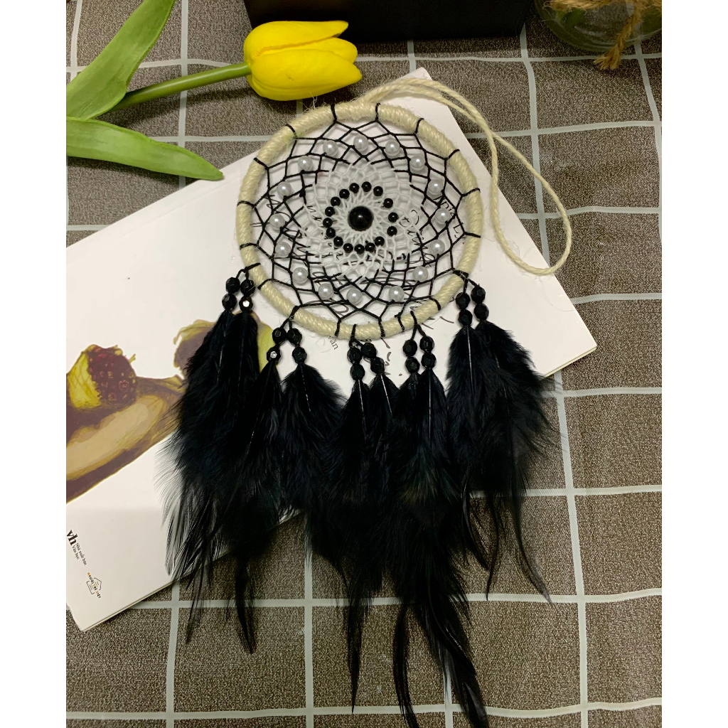 Vòng dreamcatcher đính lông vũ treo xe ô tô, balo
