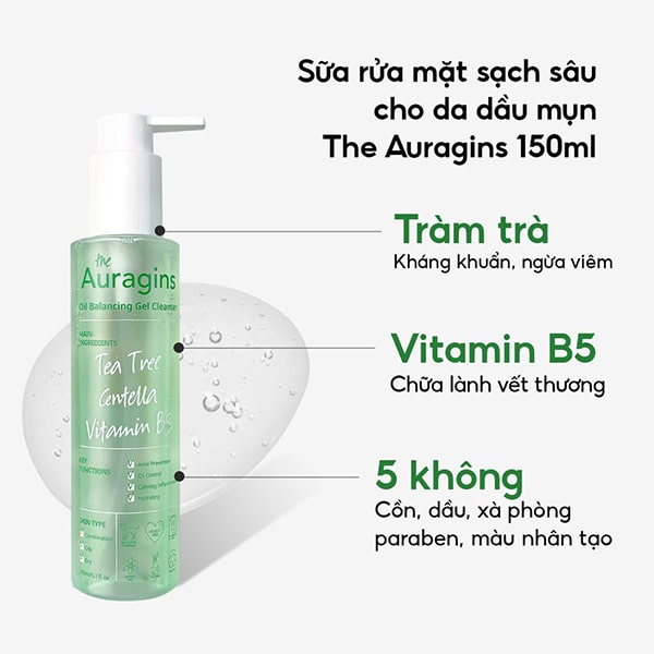 Sữa rửa mặt dạng gel cho da dầu mụn The Auragins 150ml Oil Balancing Gel Cleanser làm sạch sâu dịu nhẹ