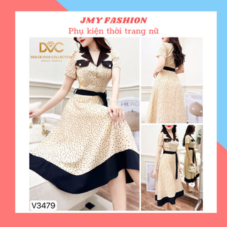 V3479 Váy lụa kem chấm bi cổ vest Váy cổ vest đen sang chảnh