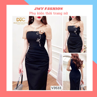 V3533 Váy đầm đen ôm body dài phối cổ voan nâu đính hoa  [Dolce Viva Colection - DVC] váy đen công sở sang chảnh
