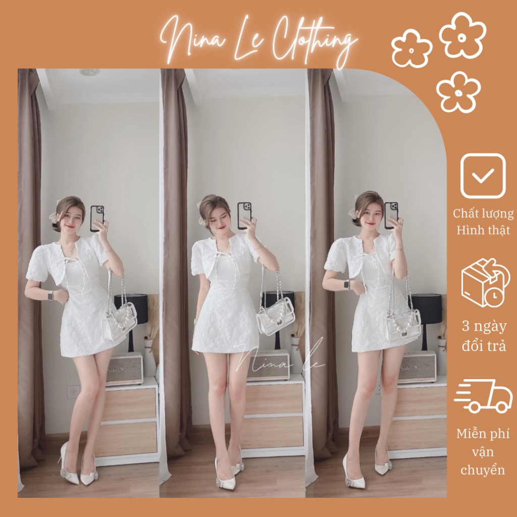 (Ảnh thật, shop mới) Set đầm gấm trắng hai dây kèm áo khoác | Set đầm gấm kèm áo khoác croptop nina lê
