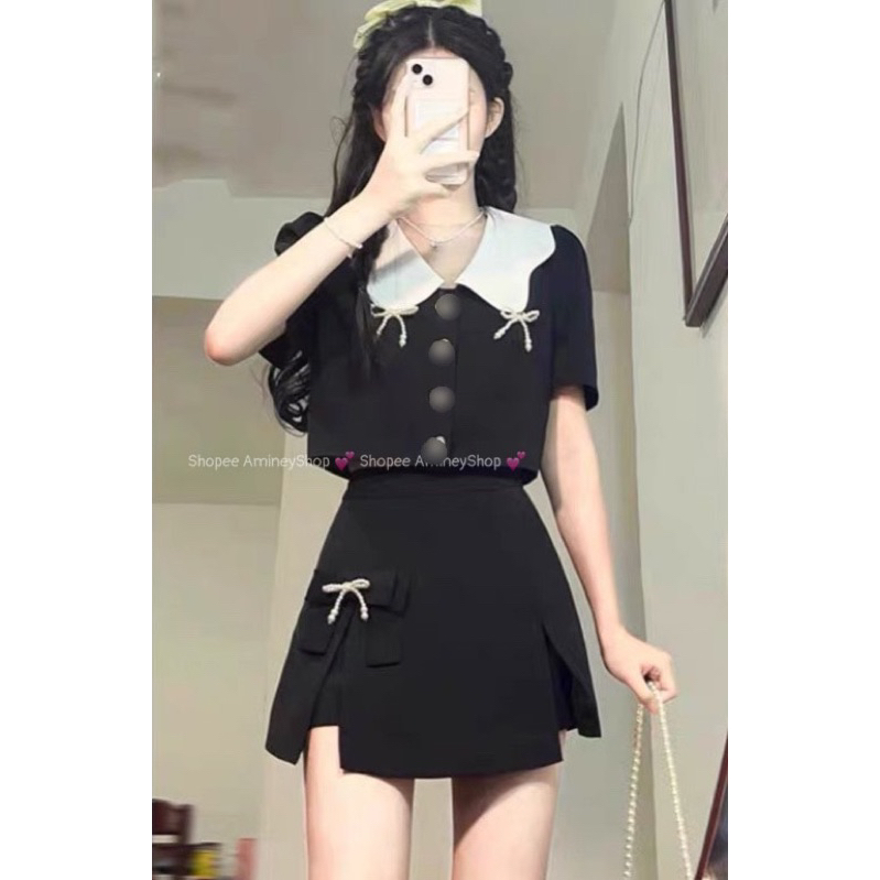 Bộ nữ -Áo và quần váy màu đen kèm nơ cổ sen xinh xắn Amineyshop