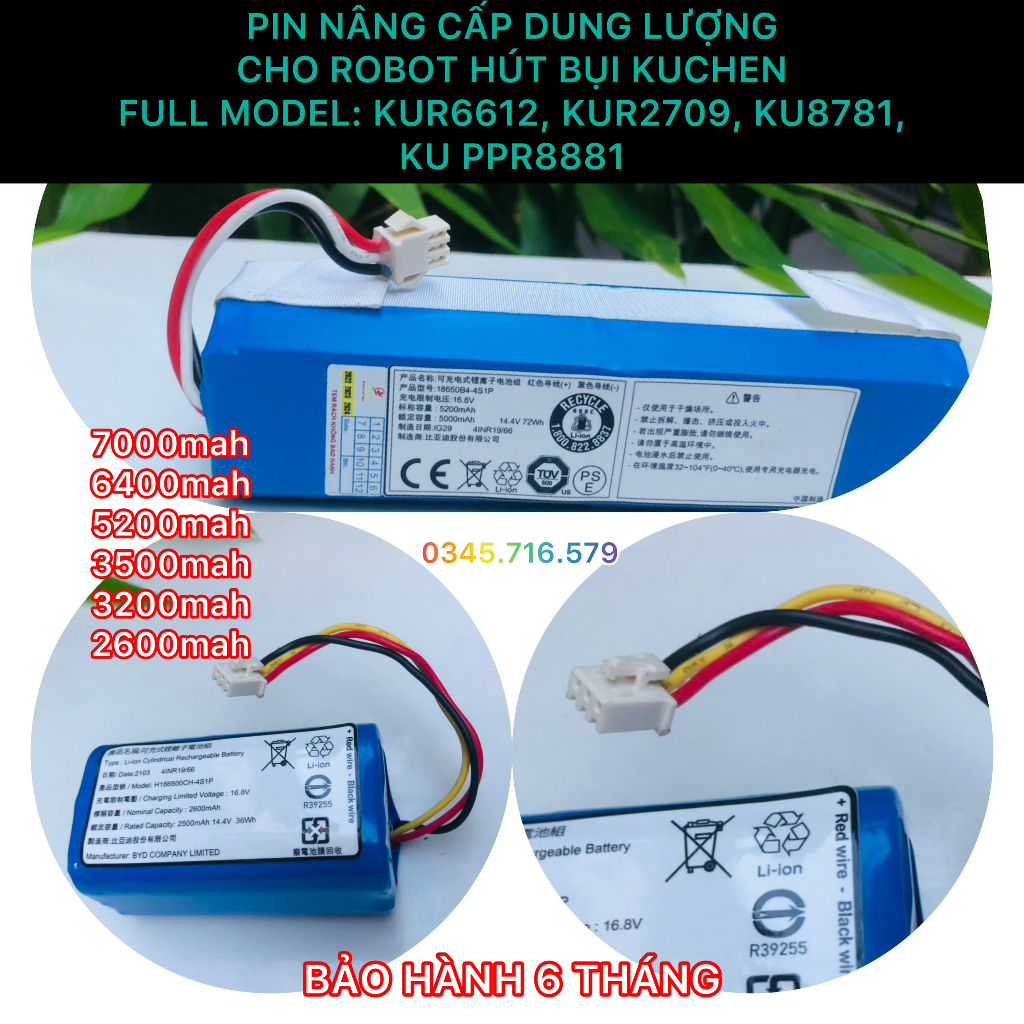 PIN DUNG LƯỢNG CAO  NÂNG CẤP CHO PIN ROBOT HÚT BỤI KUCHEN CÁC MODEL: KUR6612, KUR2709, KU8781,KU PPR8881