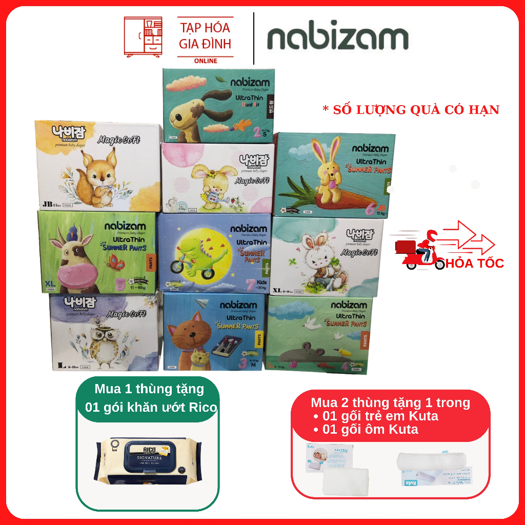 Nguyên thùng 4 bịch tã dán bỉm quần nabizam Hàn Quốc siêu mỏng mềm mịn thấm hút tốt an toàn cho bé