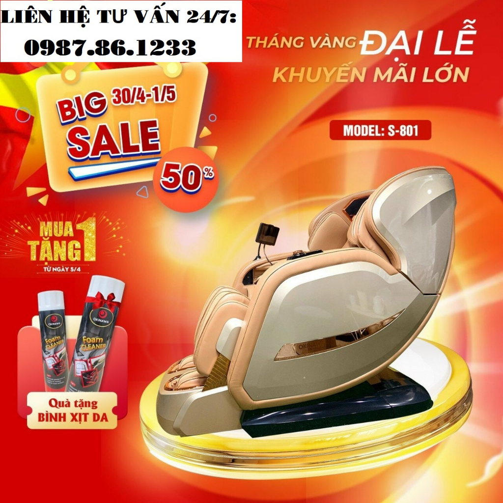 {SALE 50% + TẶNG QUÀ + FREESHIP} Ghế Massage toàn thân Nhật Bản Okinawa S801 - Massag 5D, điều khiển giọng nói, kéo giãn