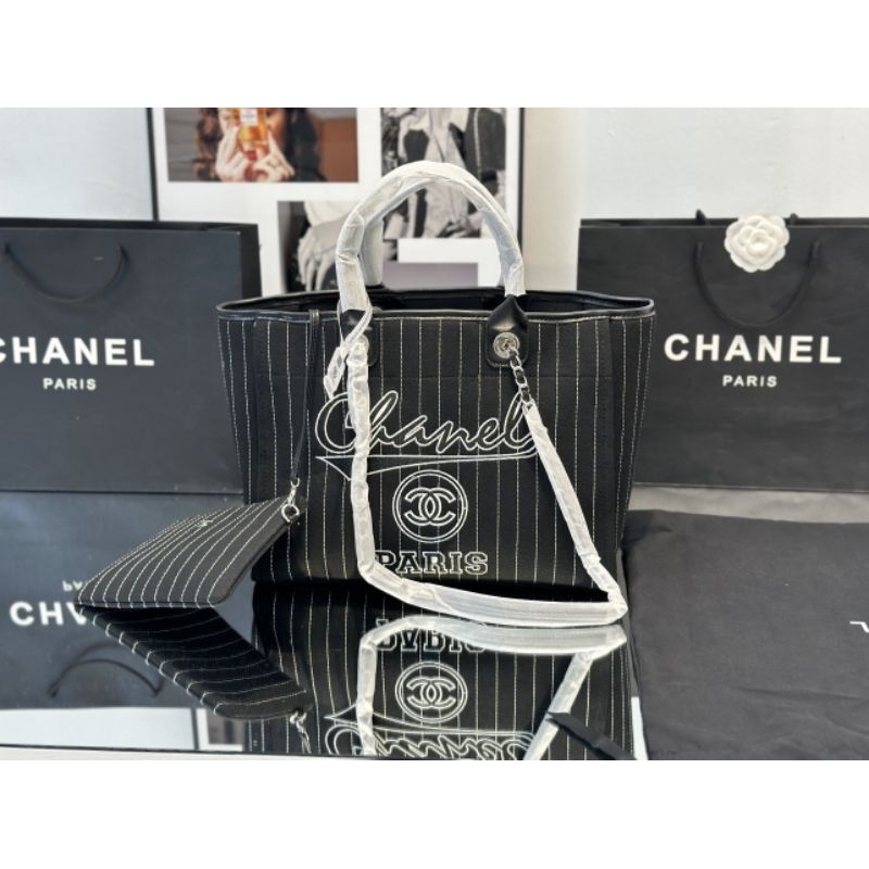 Túi xách nữ SHOPPING tote sz38cm da bê kết hợp vải sọc kẻ cotton