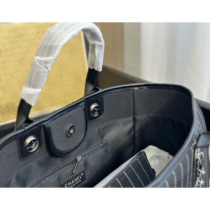 Túi xách nữ SHOPPING tote sz38cm da bê kết hợp vải sọc kẻ cotton