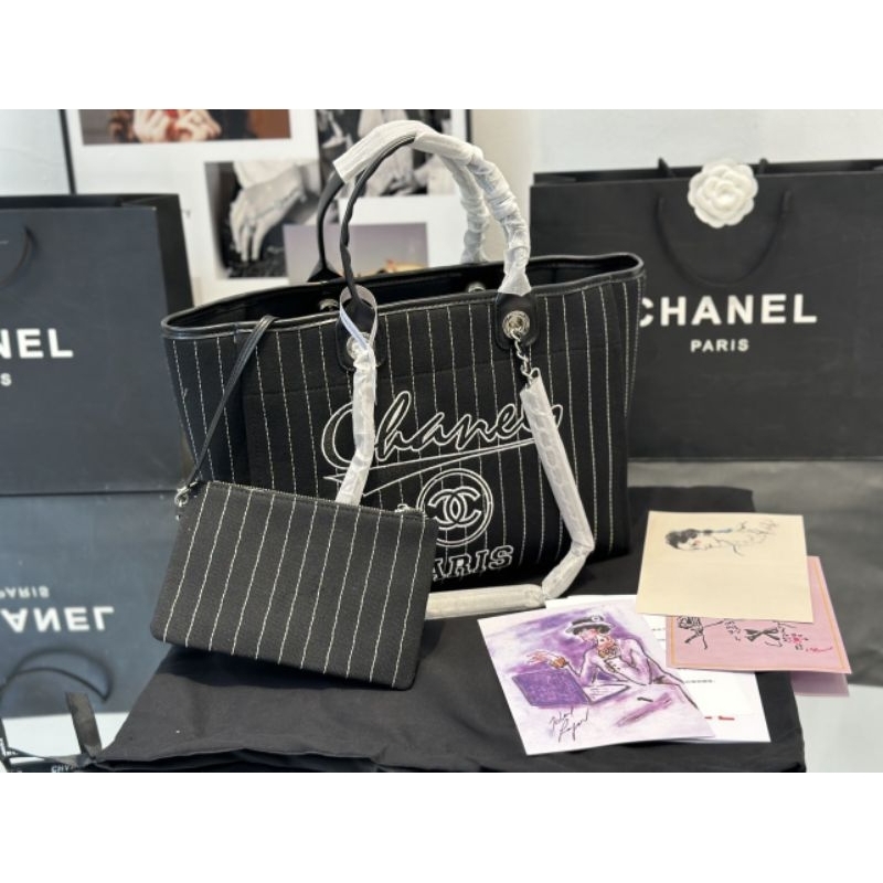 Túi xách nữ SHOPPING tote sz38cm da bê kết hợp vải sọc kẻ cotton