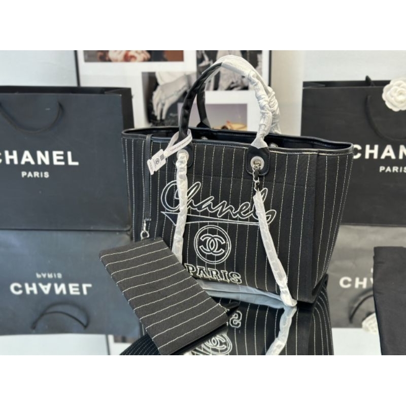 Túi xách nữ SHOPPING tote sz38cm da bê kết hợp vải sọc kẻ cotton