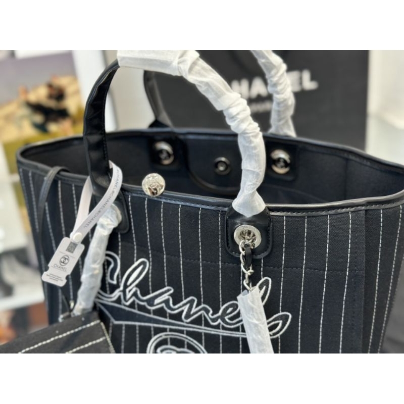 Túi xách nữ SHOPPING tote sz38cm da bê kết hợp vải sọc kẻ cotton