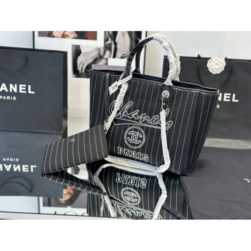 Túi xách nữ SHOPPING tote sz38cm da bê kết hợp vải sọc kẻ cotton