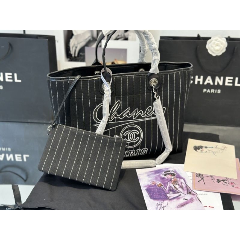 Túi xách nữ SHOPPING tote sz38cm da bê kết hợp vải sọc kẻ cotton