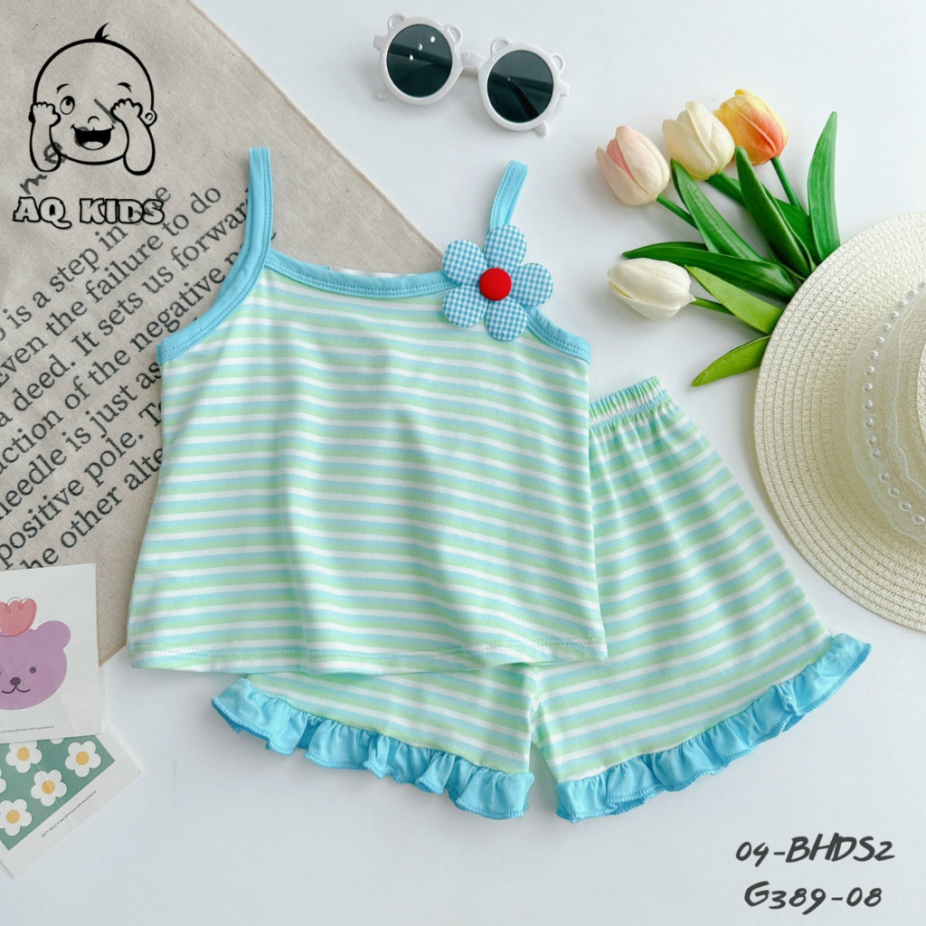 Bộ 2 dây Size 80-130  sọc Minlybaby + quần phối bèo, đính nơ xinh xắn cho bé gái