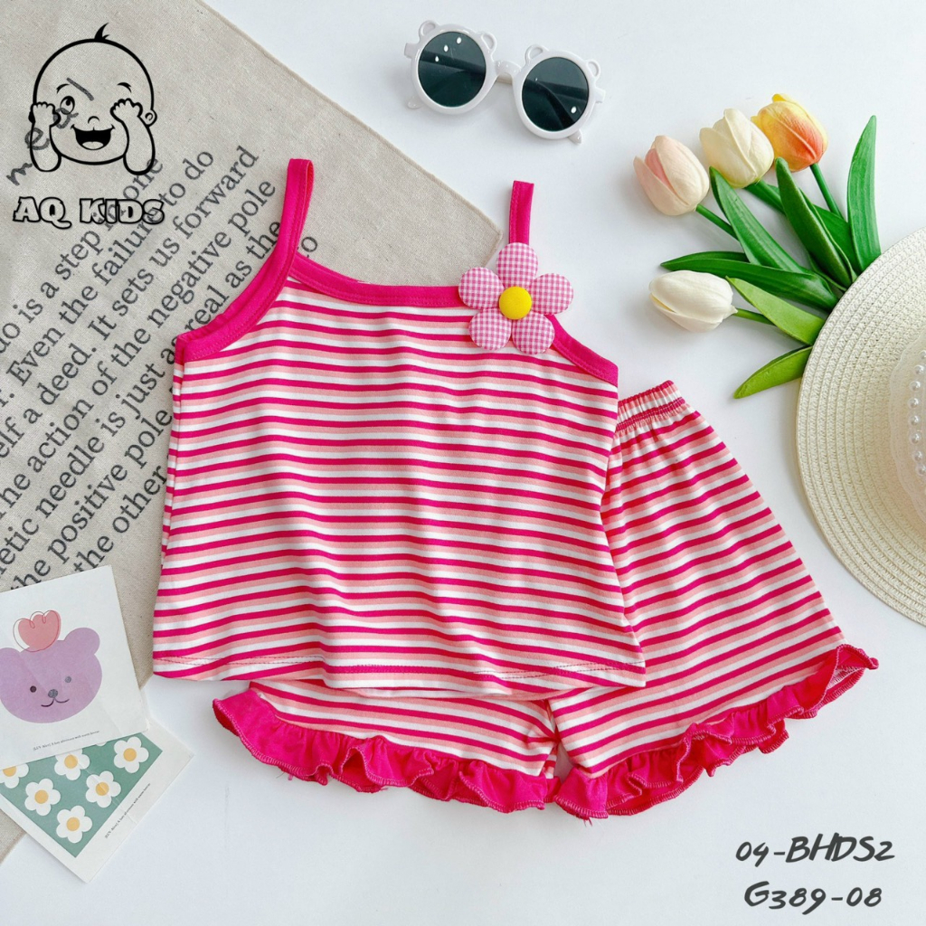Bộ 2 dây Size 80-130  sọc Minlybaby + quần phối bèo, đính nơ xinh xắn cho bé gái