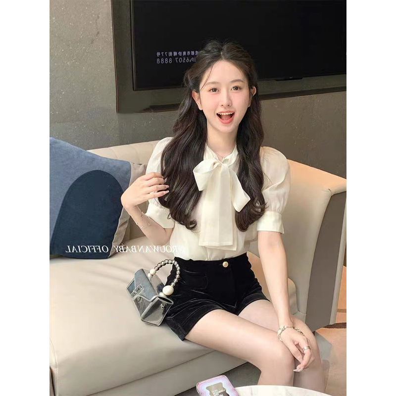 ÁO tơ cổ nơ tay phồng hàng 2 lớp phong cách tiểu thư AmineyShop