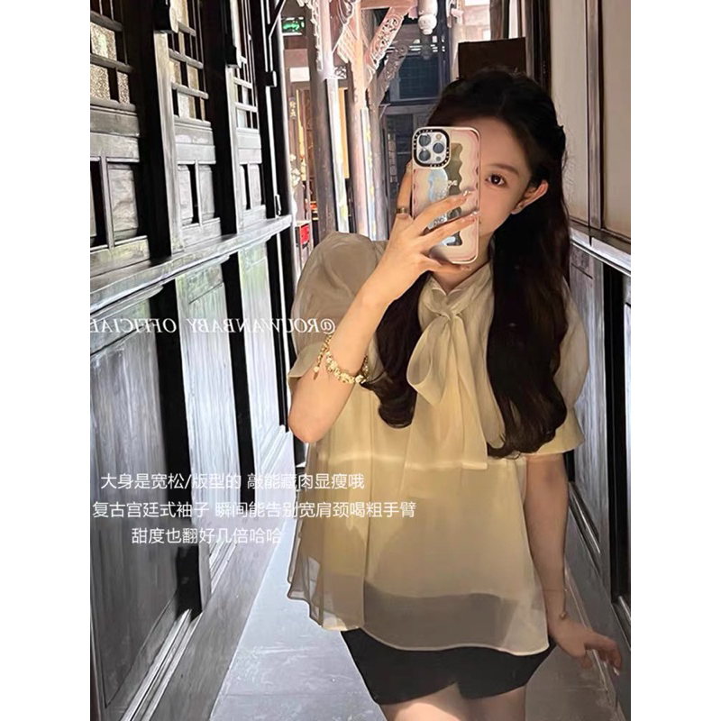 ÁO tơ cổ nơ tay phồng hàng 2 lớp phong cách tiểu thư AmineyShop