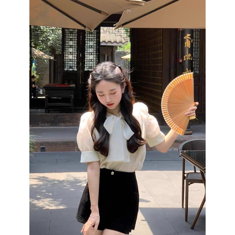 ÁO tơ cổ nơ tay phồng hàng 2 lớp phong cách tiểu thư AmineyShop