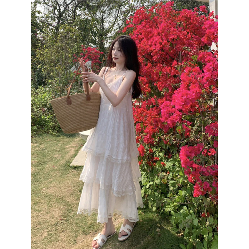 Có Sẵn🖤Đầm maxi hai dây trắng 𝓗𝓮𝓷𝓲𝓮 𝓓𝓻𝓮𝓼𝓼 xoè 3 tầng ren dễ thương/ Váy babydoll nàng thơ nhẹ nhàng đi biển, Đà Lạt