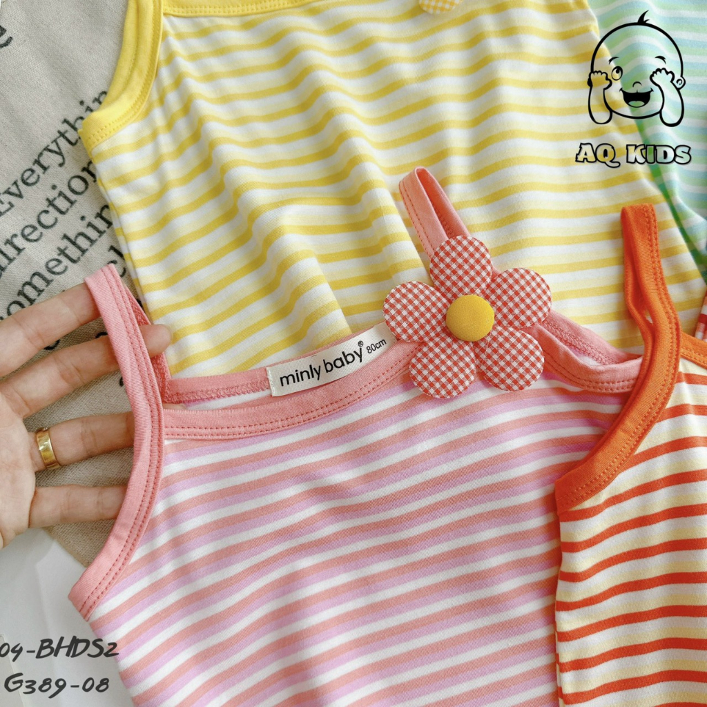 Bộ 2 dây Size 80-130  sọc Minlybaby + quần phối bèo, đính nơ xinh xắn cho bé gái