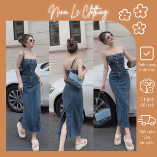 ( Ảnh thật ) Đầm ống jean denim dáng ôm body | Đầm jean cúp ngực Nina Lê