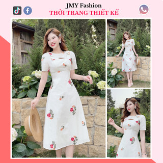 V260 Váy đầm trắng thêu hoa nhí đỏ tiểu thư váy trắng hoa nhí dáng dài