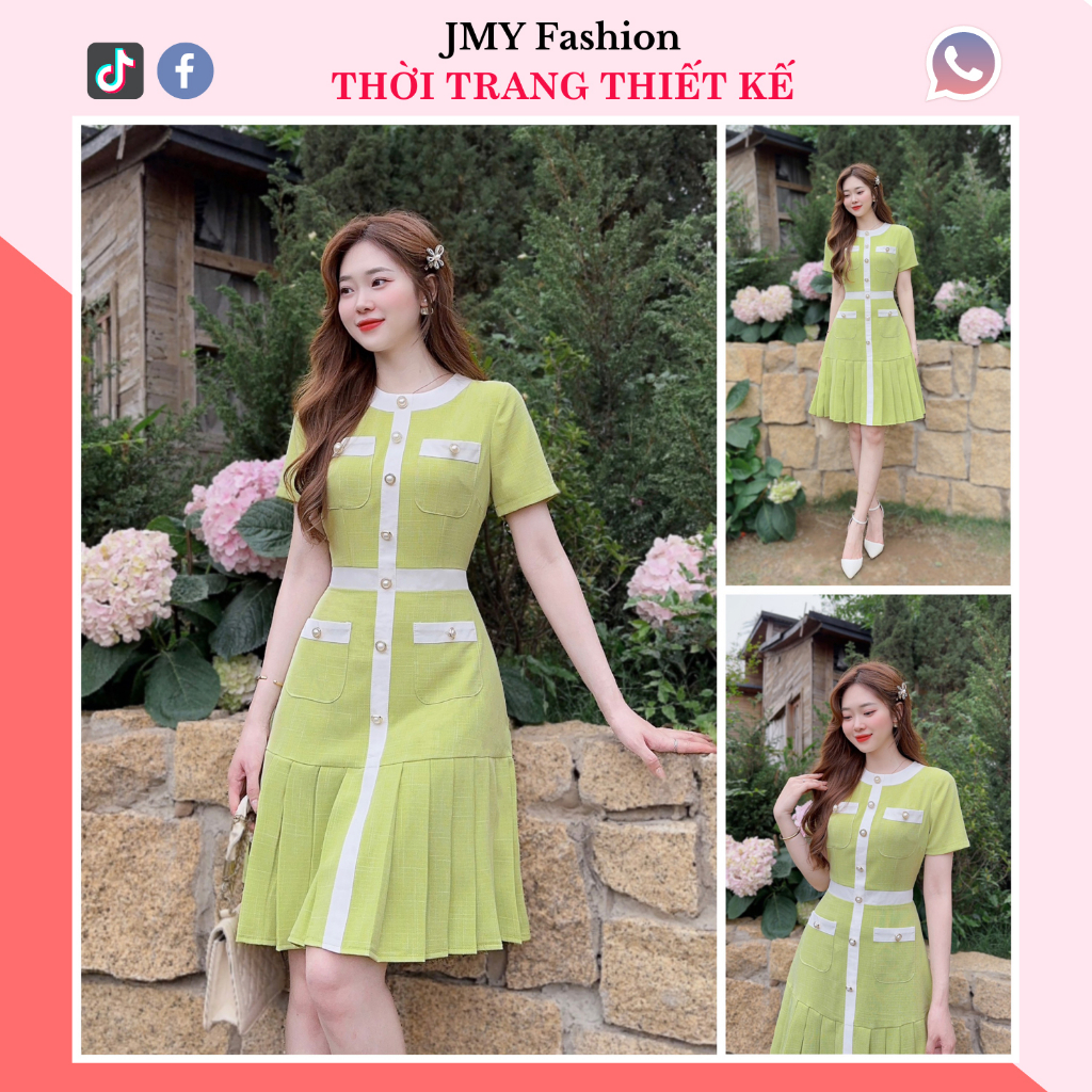 váy xanh viền trắng tiểu thư