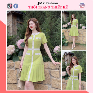 V266 Váy đầm xanh cốm dáng A xếp ly nữ tính [Hà Thanh&Rency] váy xanh viền trắng tiểu thư