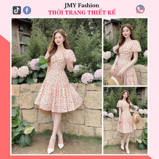 V253 Váy đũi hoa nhí cam cổ tim váy hoa nhí xoè đuôi cá nữ tính