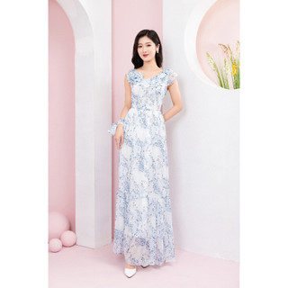Đầm Maxi Tơ Hoa dl75657 Dài Qua Gối may 2 lớp lót tinh tế cho nàng dạo phố đi biển mặc đi làm
