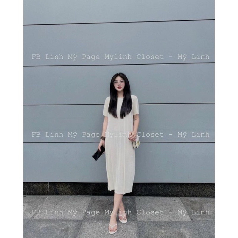 Đầm Xuông Tay Ngắn Chất Gân Tăm Lạnh Cổ Tròn